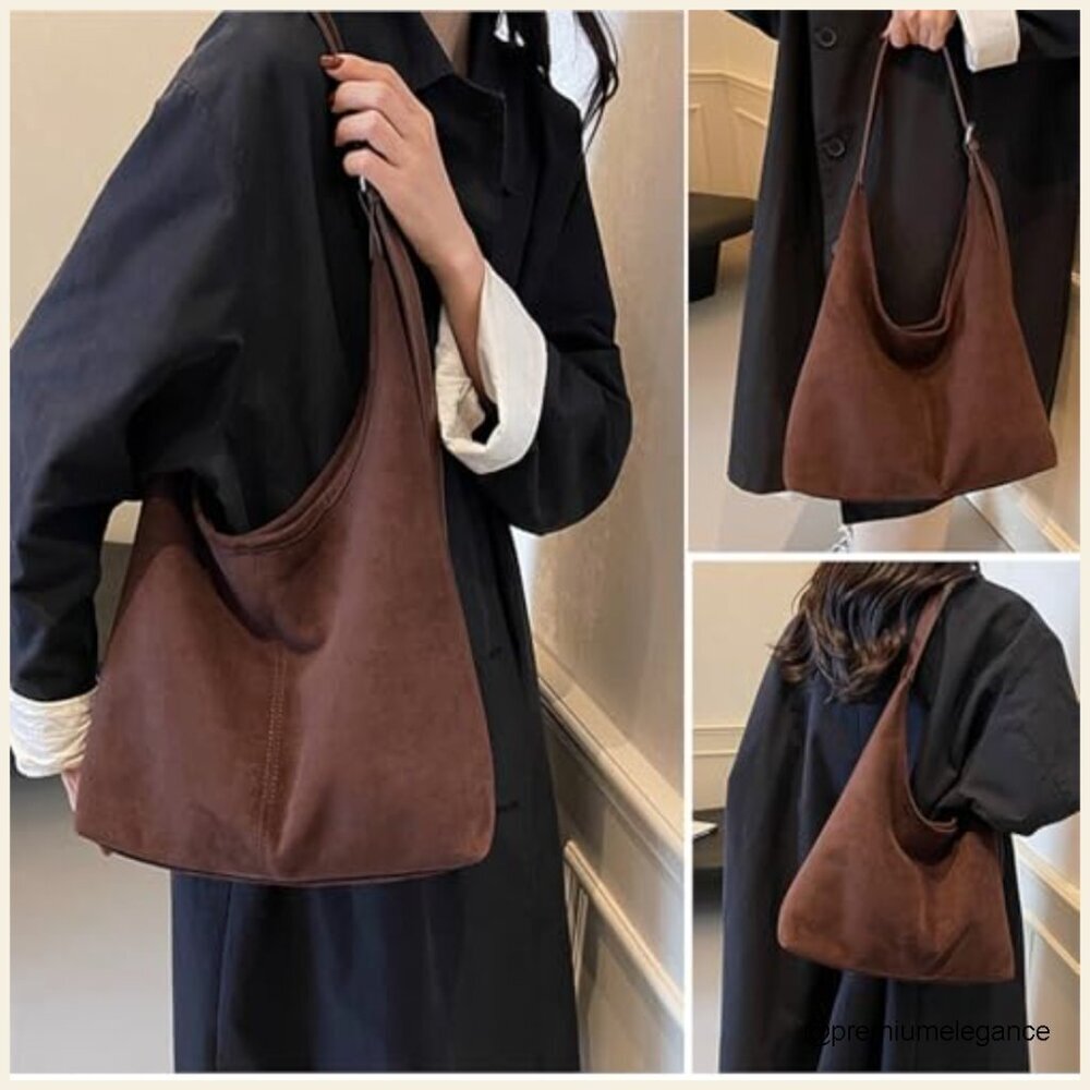 Large Faux Suede Hobo Tote Bag with Adjustable Strap and Pouch - Picture 2 of 7
